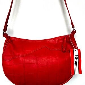 Rivage Red Leather Crossbody Bag Croc Embossed Baguette Y2K Purse